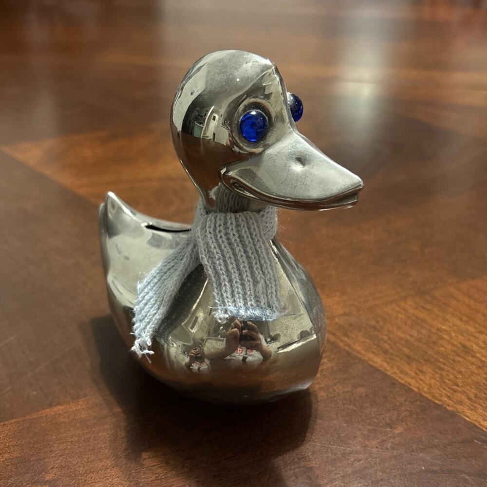Vintage Leonard Silver Plated Duck Coin Piggy Bank Blue Eyes Hong Kong - No Key